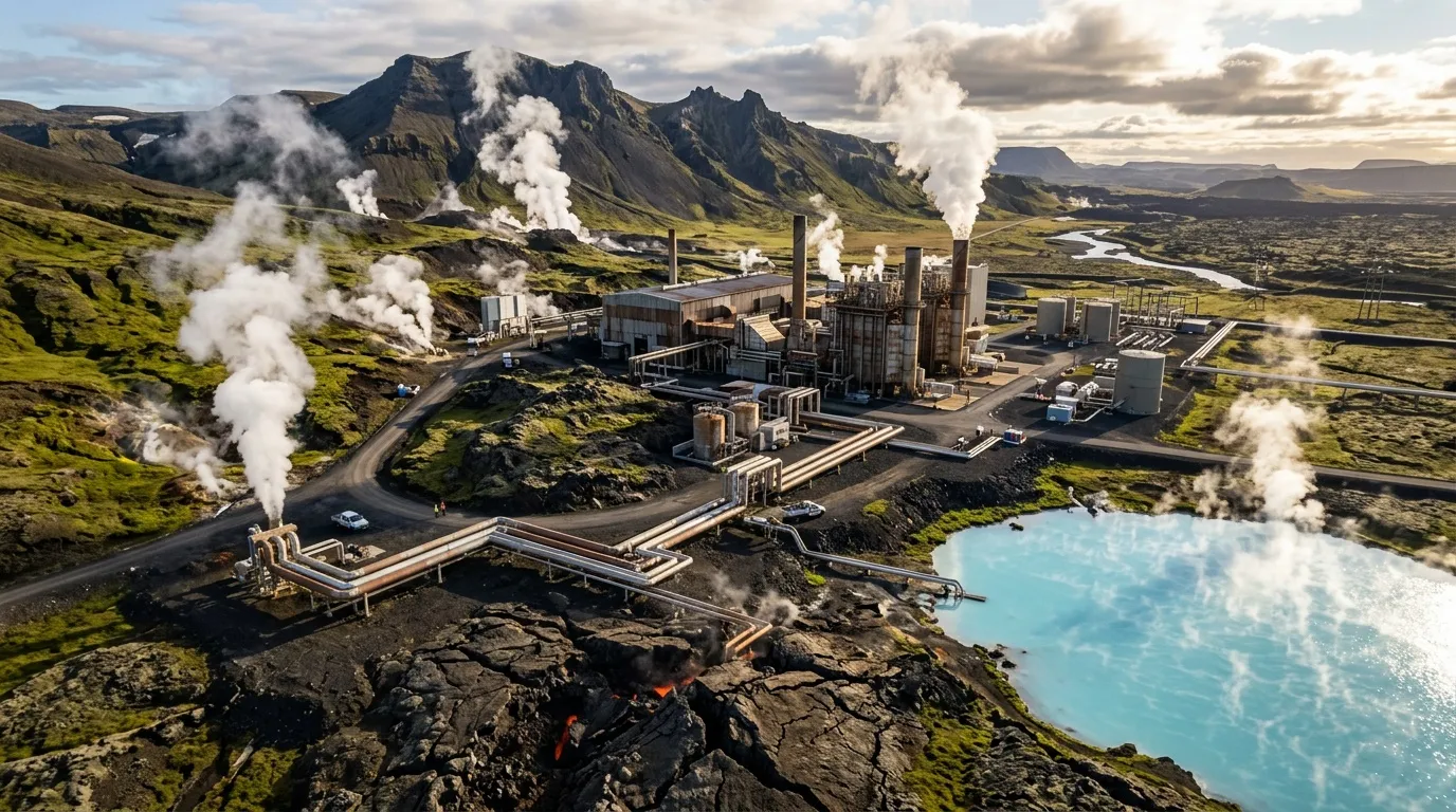 Usine géothermique avec vapeur et lac bleu turquoise, Islande