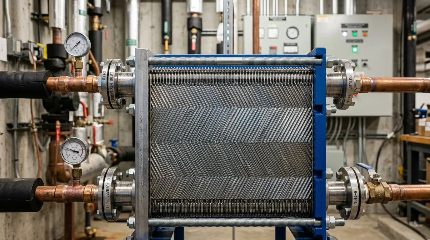 Échangeur thermique bleu avec tuyauterie cuivre et manomètres