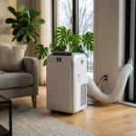 Climatiseur portable blanc dans un salon contemporain avec plantes
