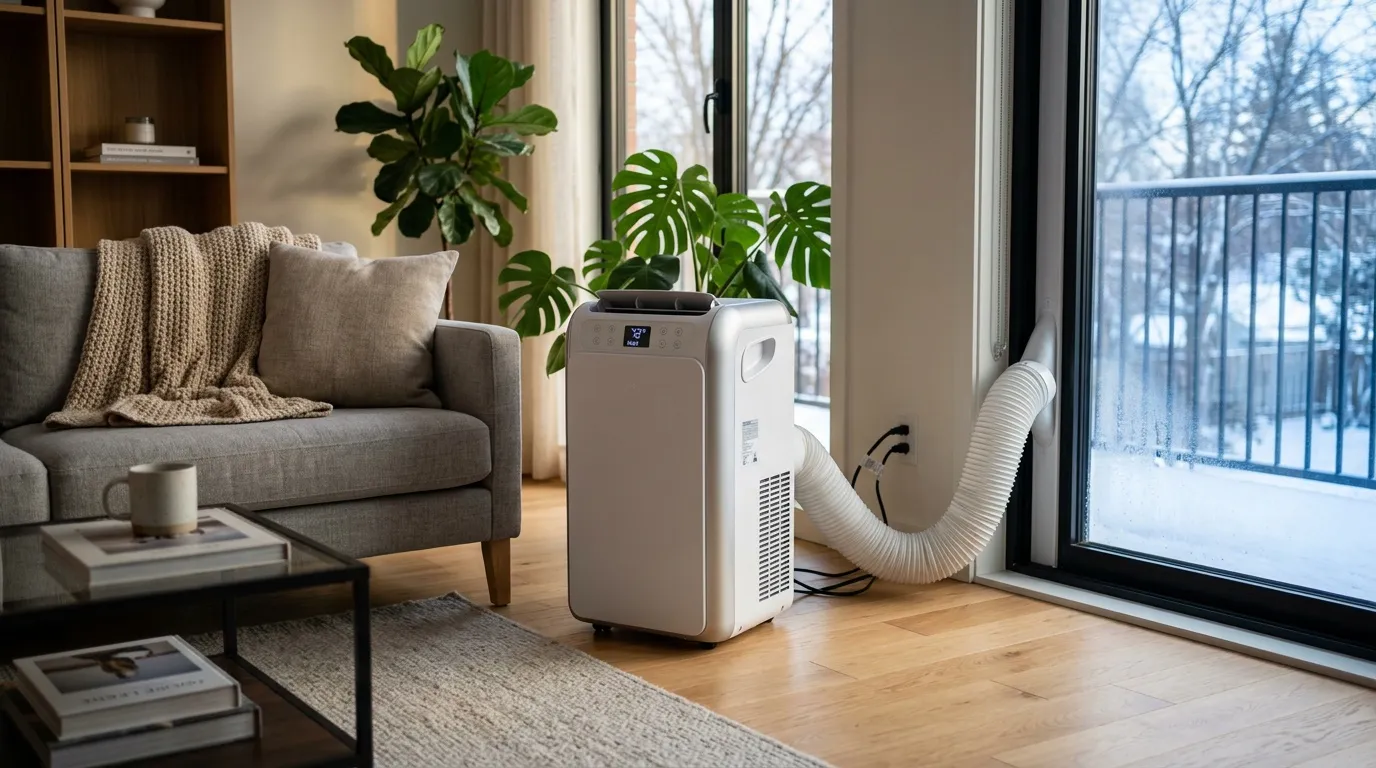 Climatiseur portable blanc dans un salon contemporain avec plantes