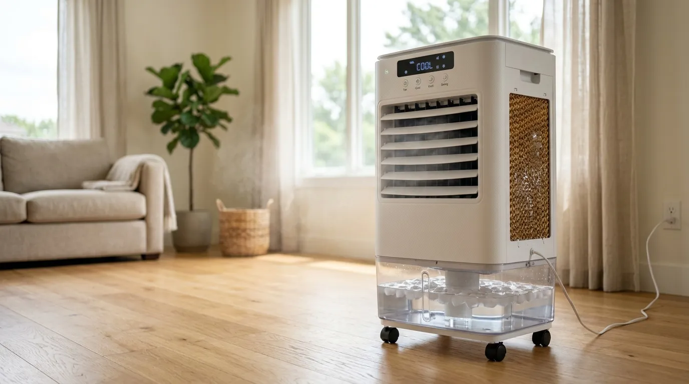 Climatiseur mobile blanc avec réservoir d'eau dans un salon lumineux