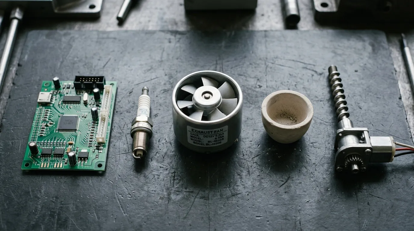 Circuit imprim&eacute;, ventilateur, bougie et composants &eacute;lectriques