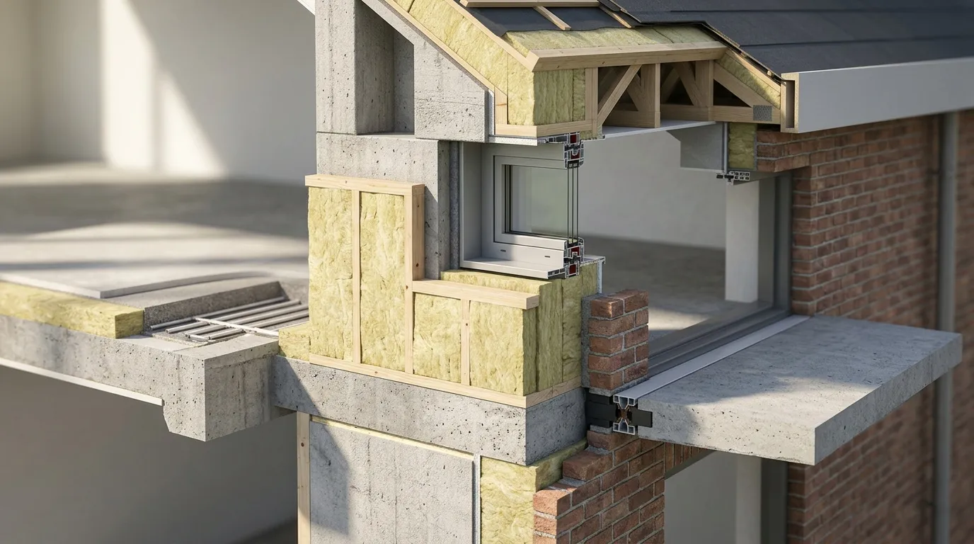 Détail constructif coupe transversale isolation toiture mansardée avec fenêtre.