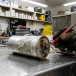 Technicien testant un condensateur avec multimètre numérique