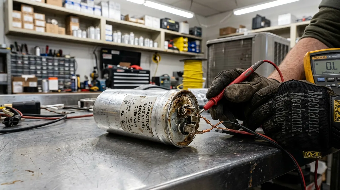 Technicien testant un condensateur avec multimètre numérique