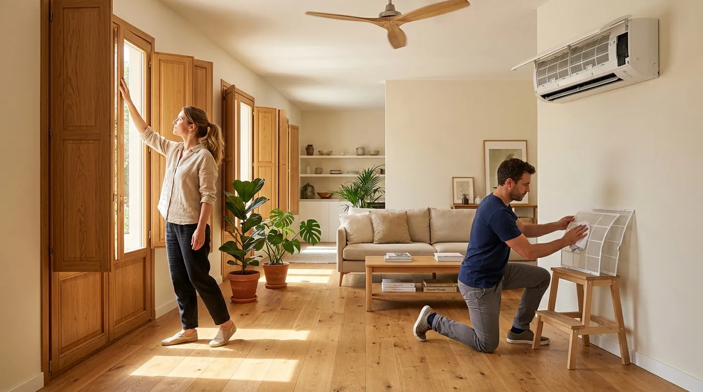 Couple ajuste thermostat climatisé dans salon moderne