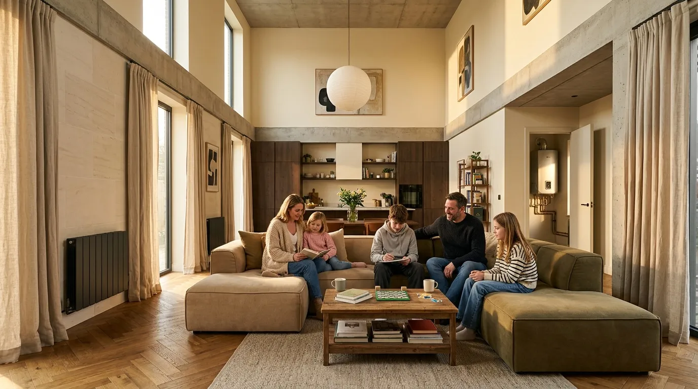 Famille de cinq personnes assise sur canap&eacute; beige dans salon spacieux