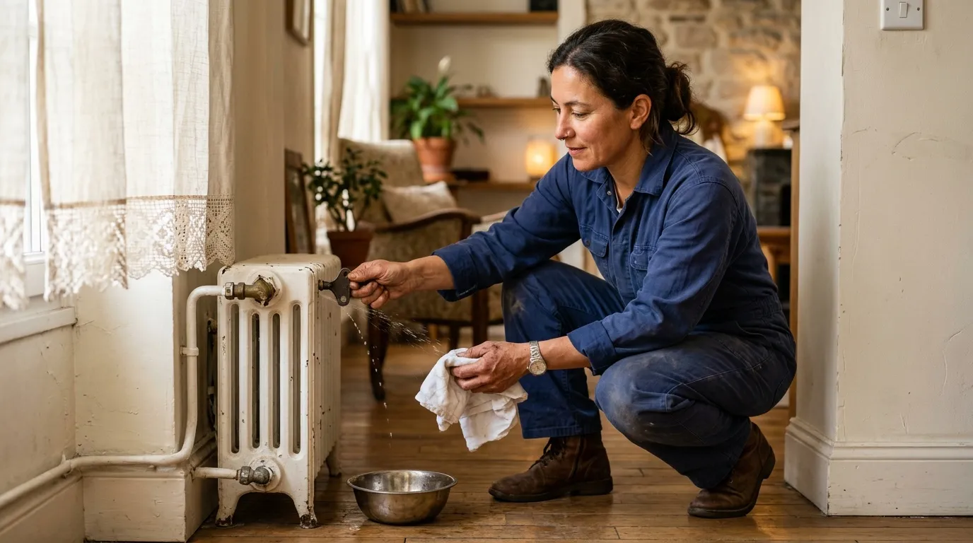 Femme en denim répare un radiateur qui fuit dans son salon