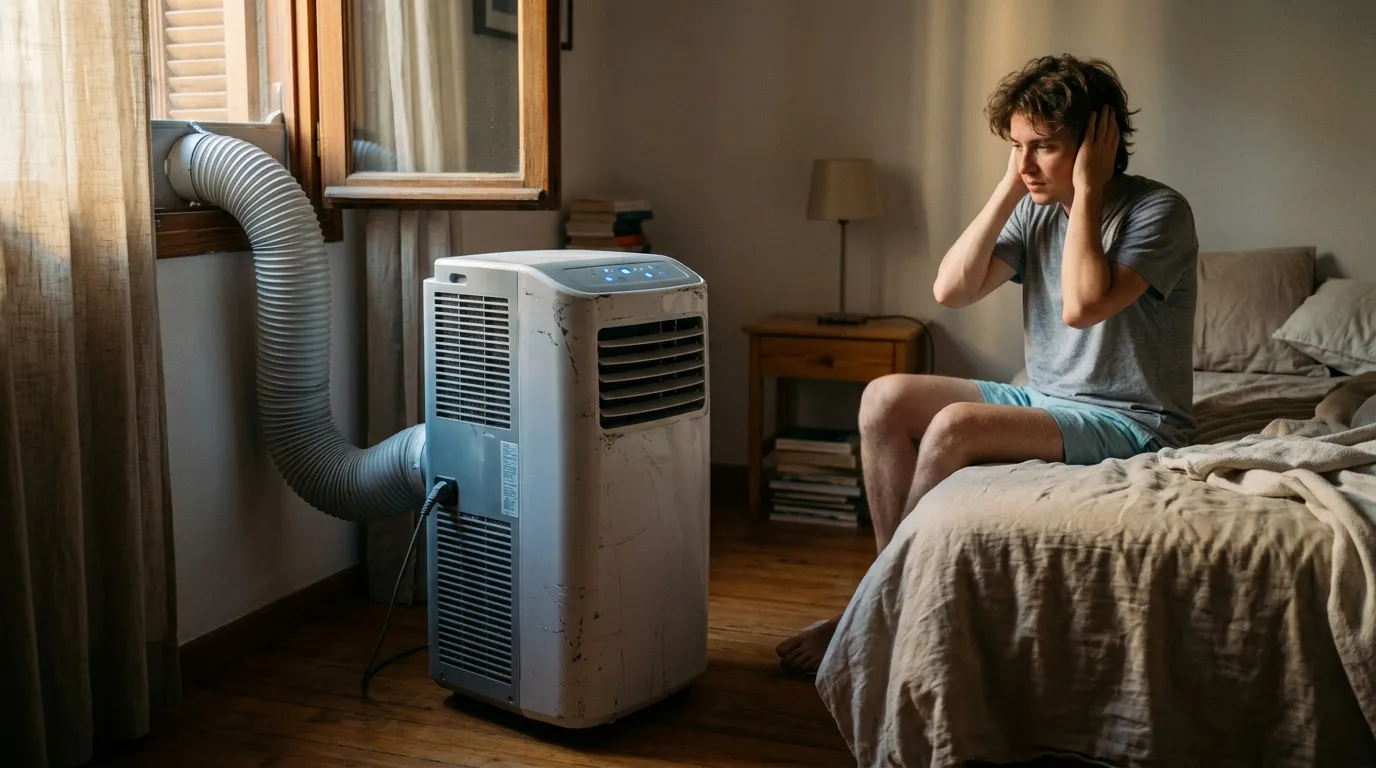Homme assis sur lit avec climatiseur portable en fonctionnement