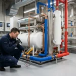 Technicien inspectant installation chauffage moderne avec équipements