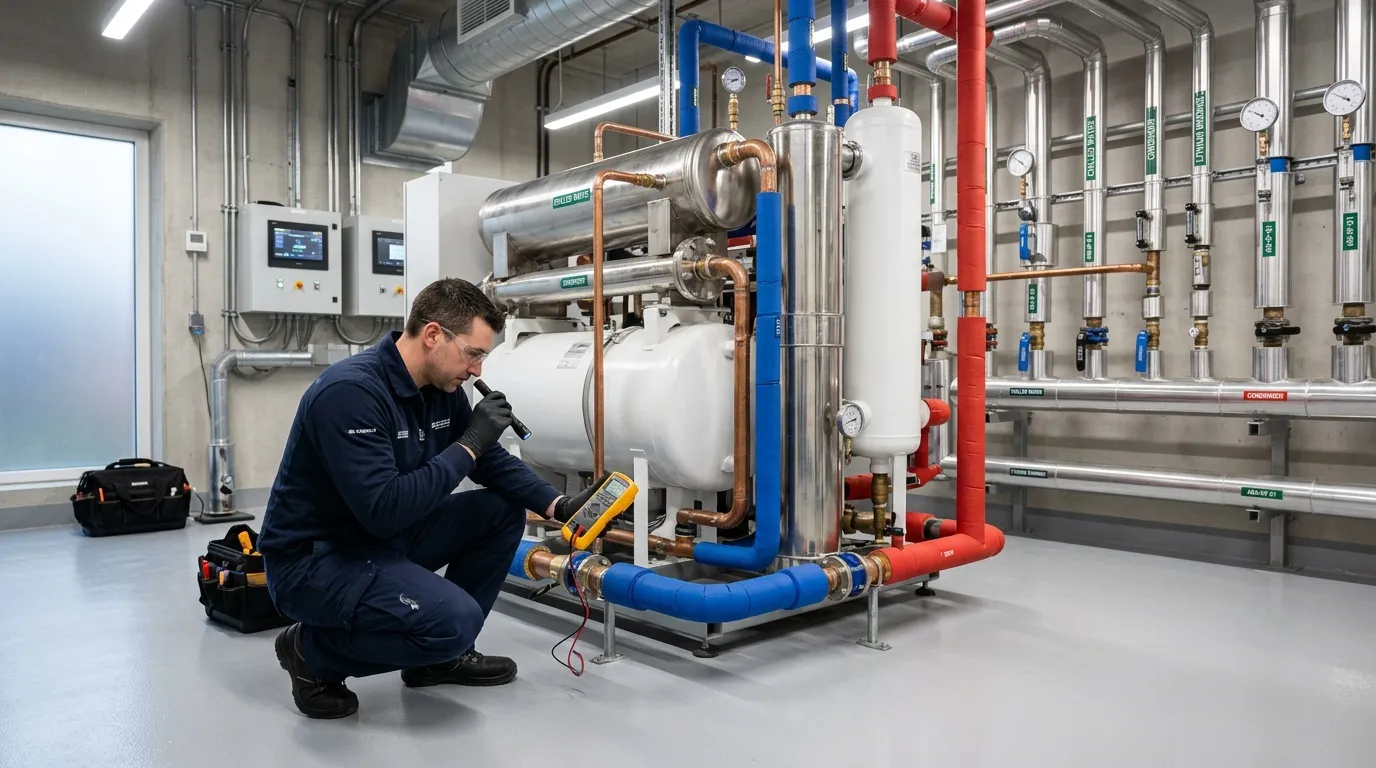 Technicien inspectant installation chauffage moderne avec équipements