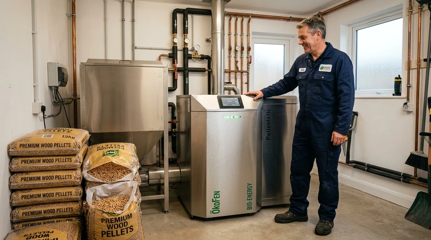 Technicien pr&eacute;sentant syst&egrave;me de chauffage automatis&eacute; aux pellets