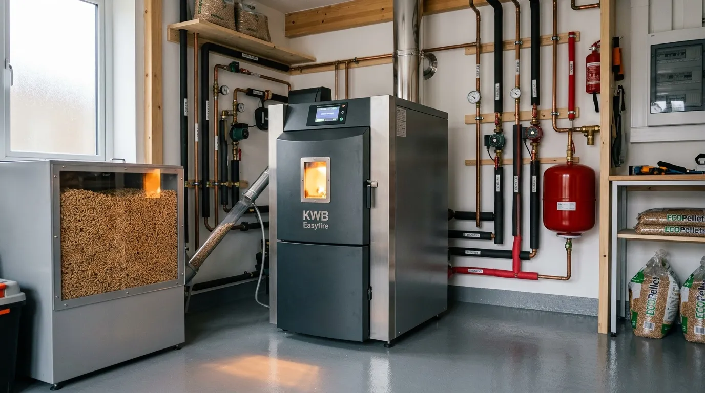 Salle technique avec chaudière pellets KWB et stockage combustible