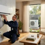 Technicien installe unité intérieure climatiseur blanc mur