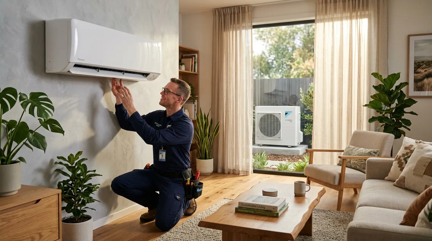 Technicien installe unité intérieure climatiseur blanc mur