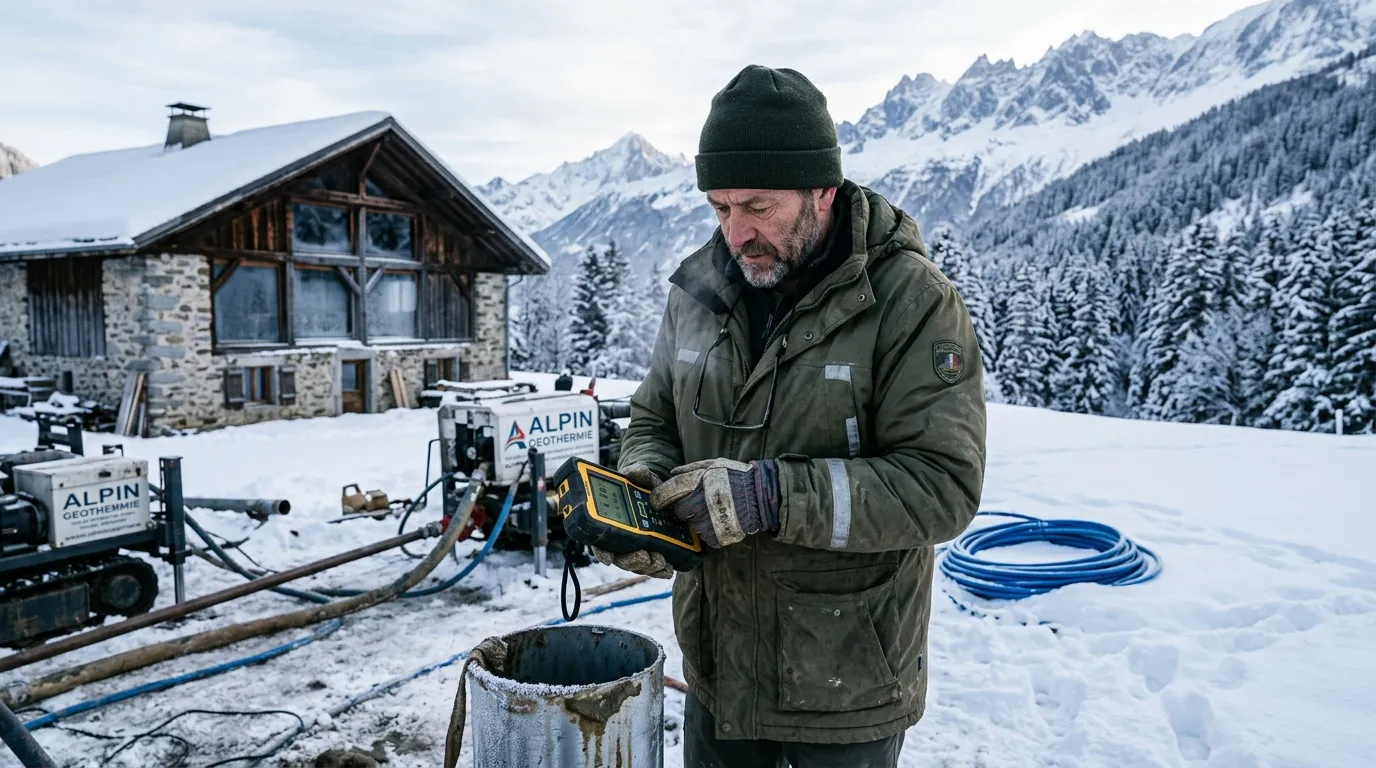 Technicien contrôle équipement géothermique alpin neige