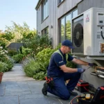 Technicien installe une pompe à chaleur Mitsubishi en terrasse