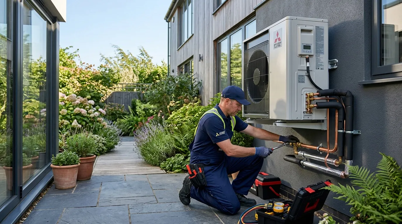 Technicien installe une pompe à chaleur Mitsubishi en terrasse