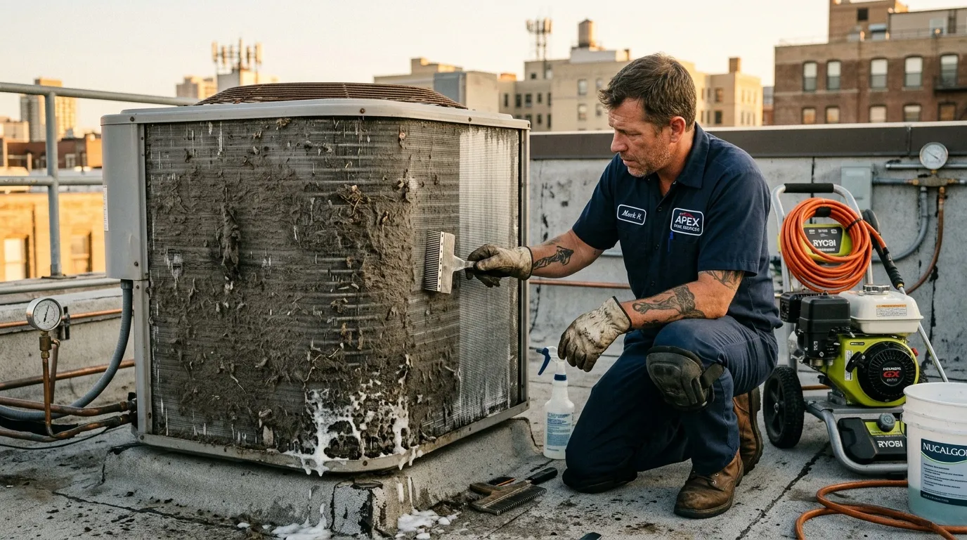 Technicien réparant unité climatisation sur toit ville