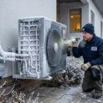 Technicien inspectant une unité extérieure de pompe à chaleur couverte de neige