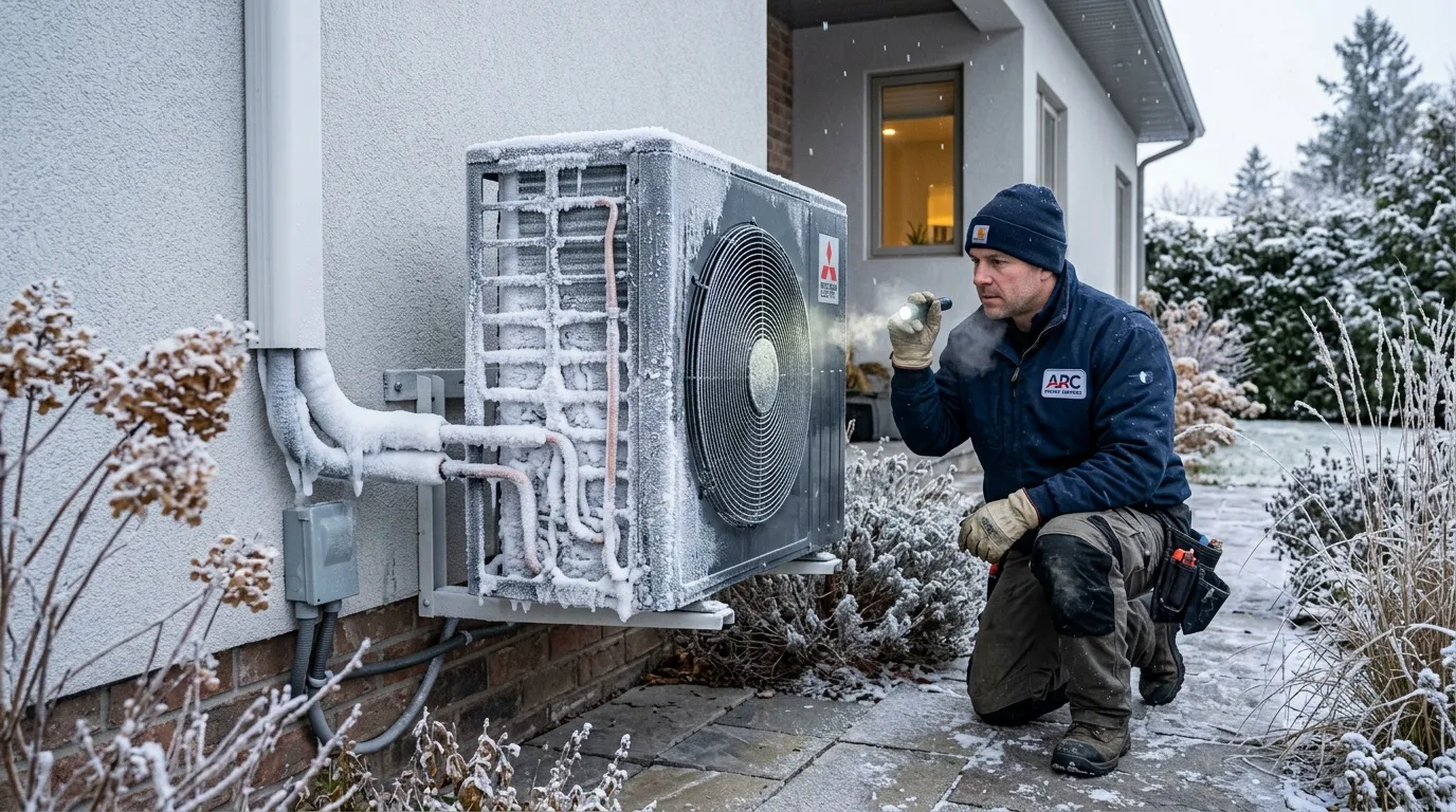 Technicien inspectant une unité extérieure de pompe à chaleur couverte de neige