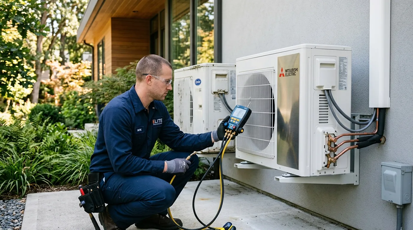 Technicien entretient unité climatisation Mitsubishi Electric
