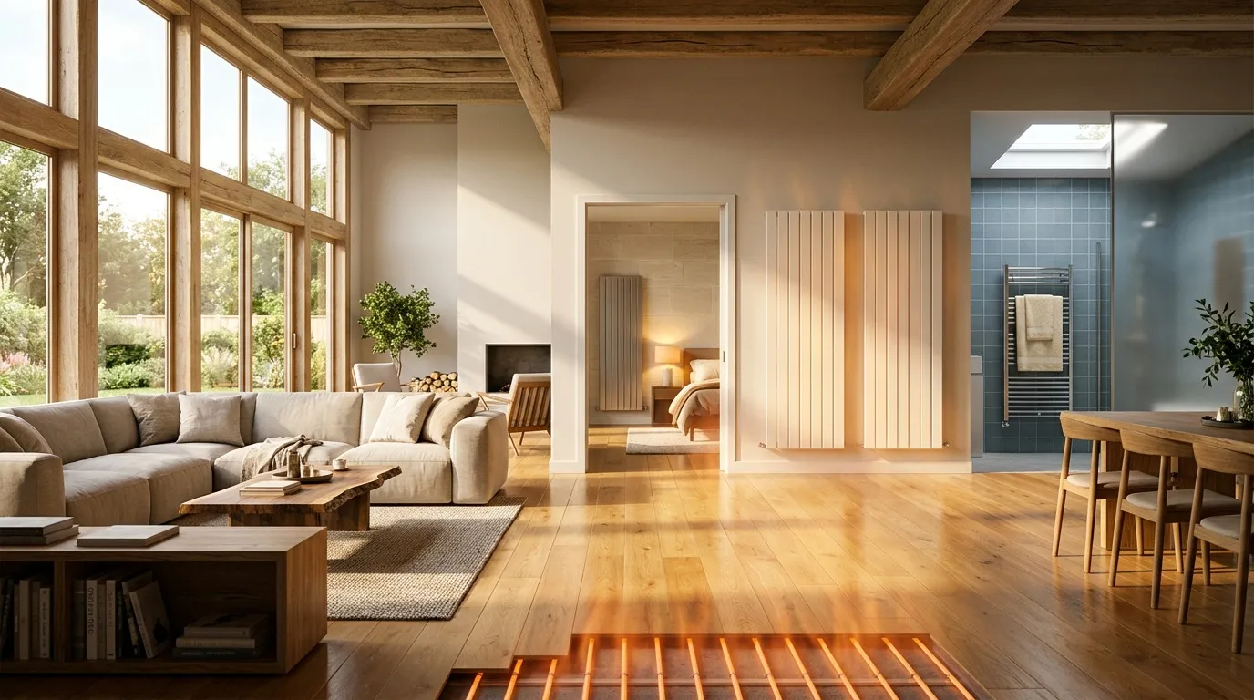 Int&eacute;rieur spacieux avec sol chauffant et mobilier bois naturel