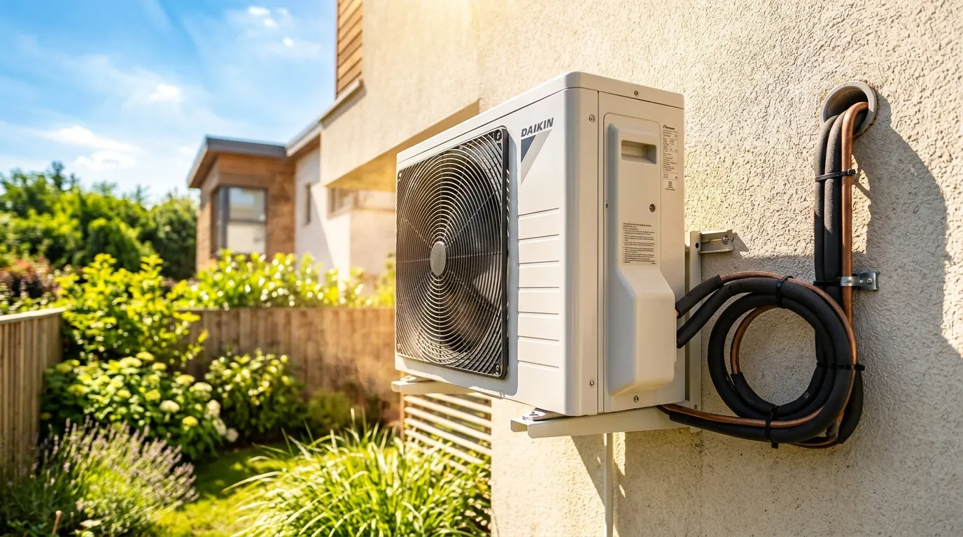 Unité extérieure Daikin installée sur mur maison