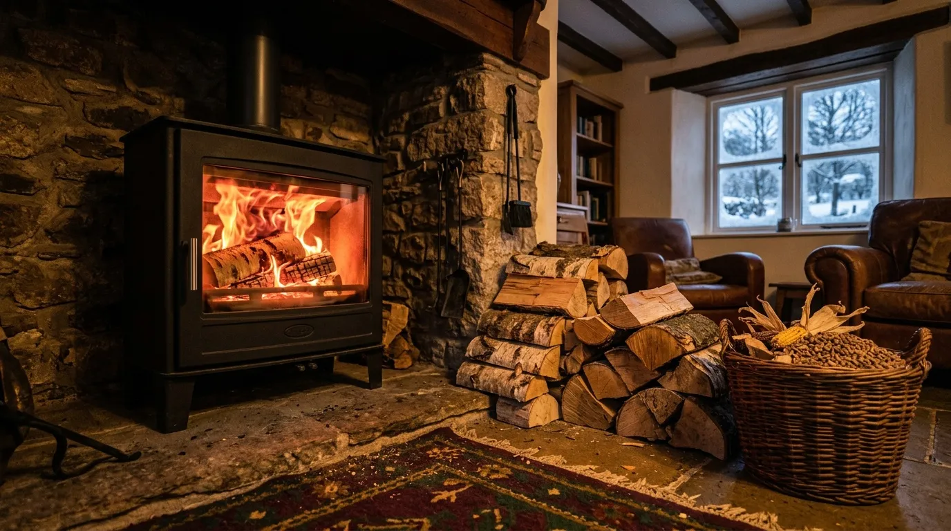 Salon cosy avec poêle à bois allumé et bois de chauffage