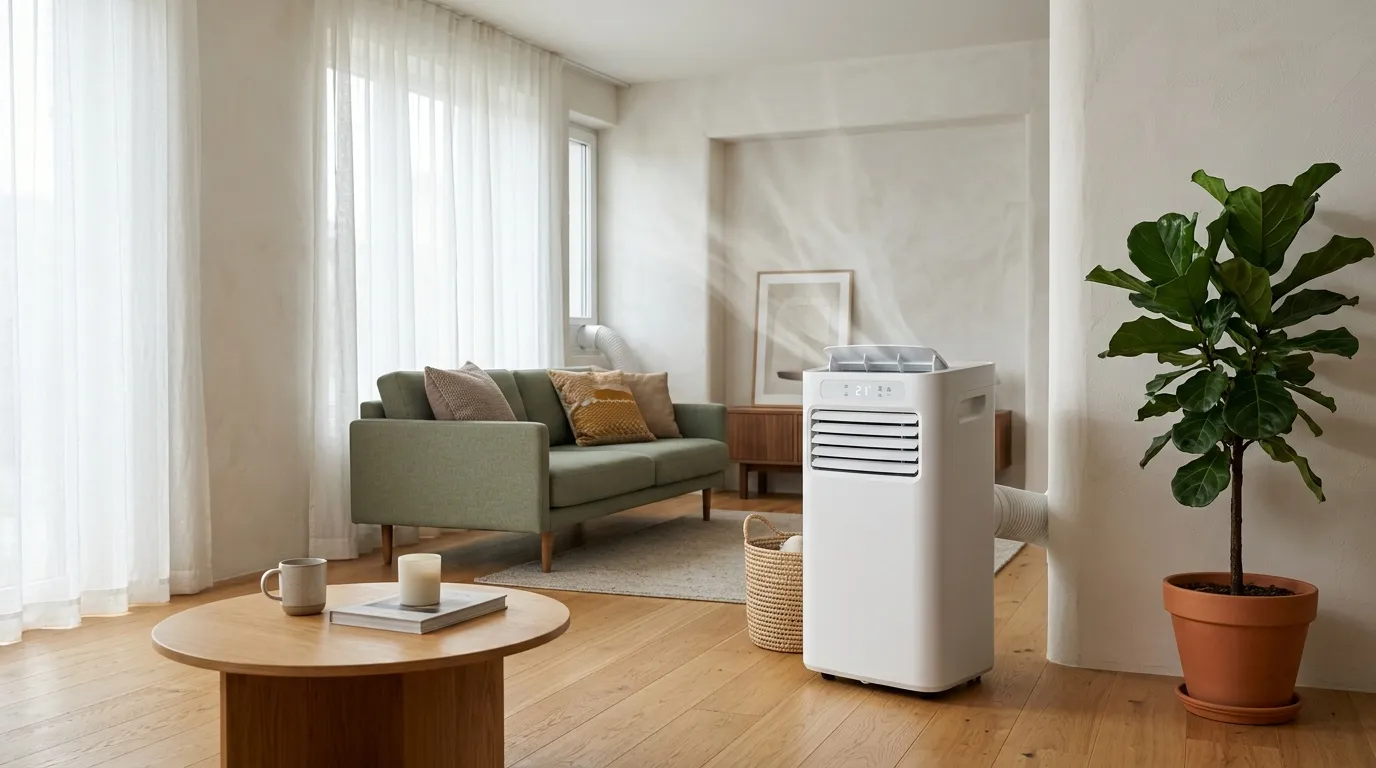 Salon lumineux avec canapé gris, climatiseur blanc et plante verte