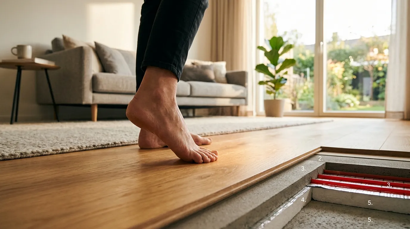 Pied sur parquet avec coupe transversale des matériaux