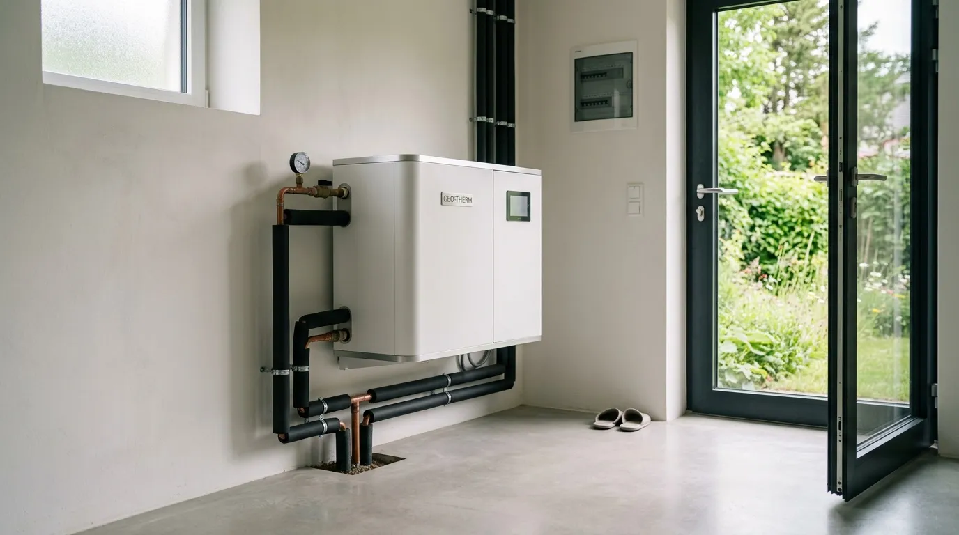 Chaudière GEO-THERM blanche avec tuyauterie noire murale