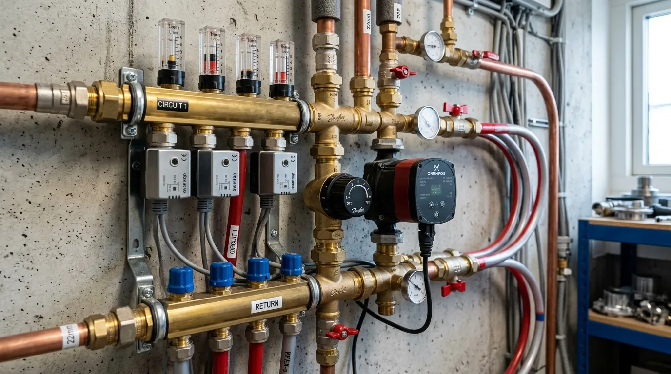 Collecteur de chauffage avec circuits, vannes et thermostats