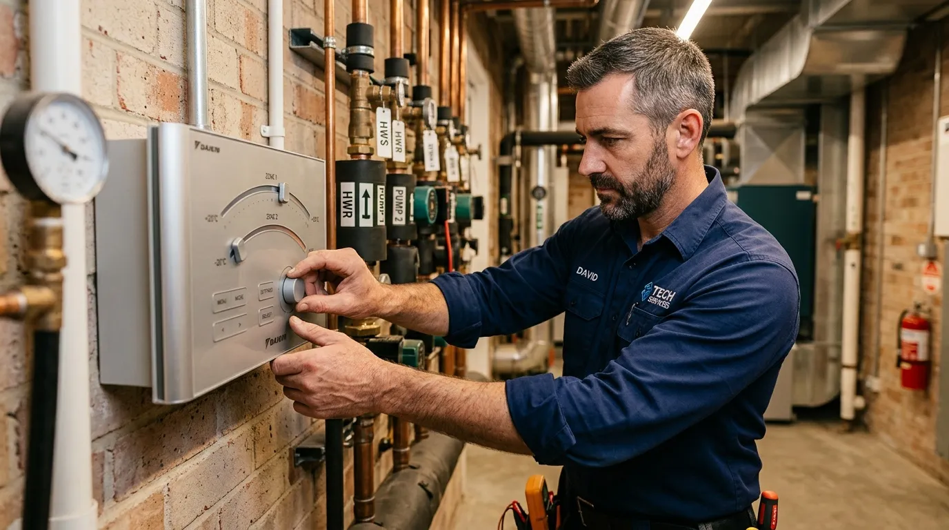 Technicien en bleu ajuste un thermostat de chauffage