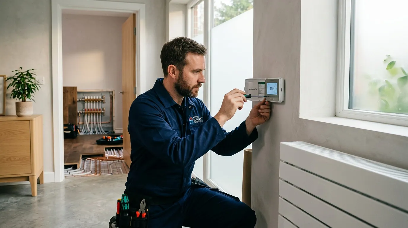Professionnel en bleu ajuste un thermostat numérique mural