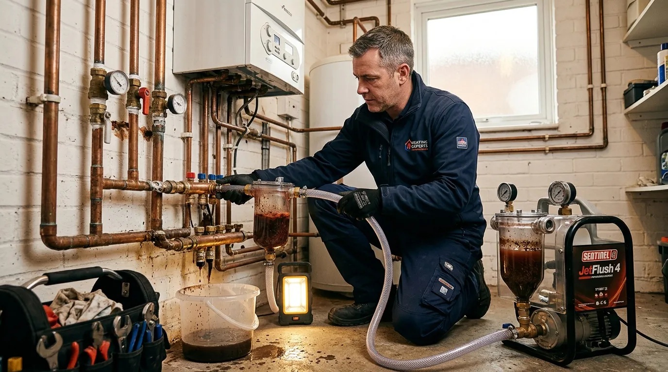 Plombier inspectant installation chauffage avec équipement diagnostic