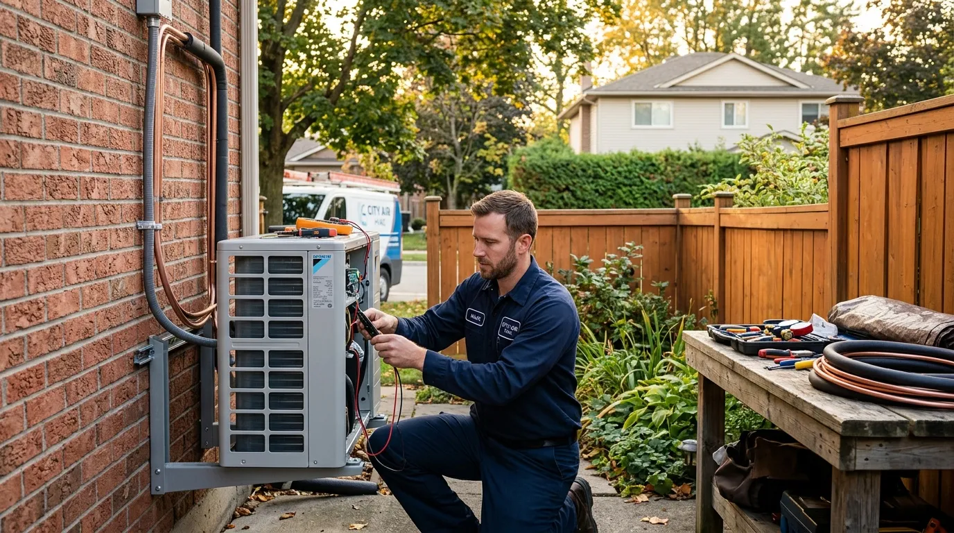 Technicien installe ou répare unité climatisation extérieure maison