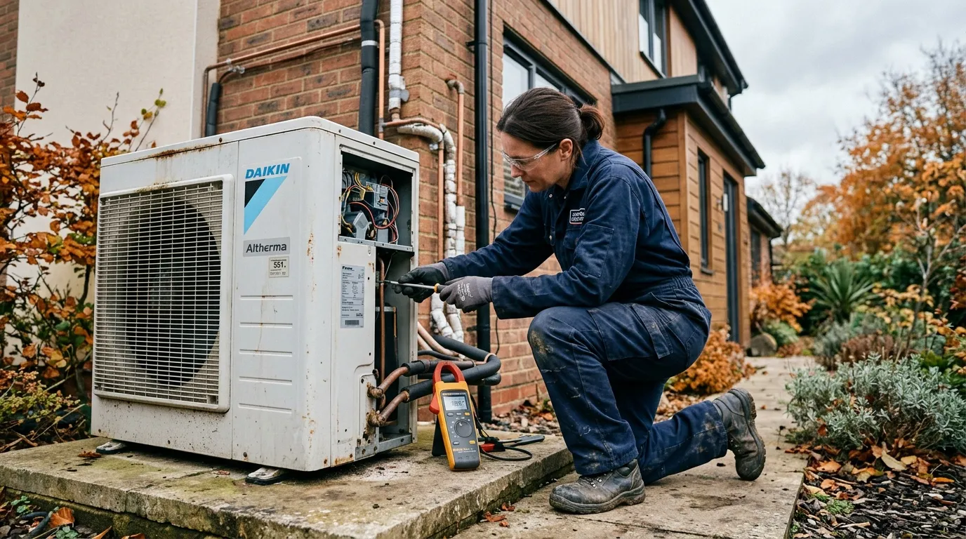 Technicien en bleu répare une pompe à chaleur Daikin Altherma extérieure