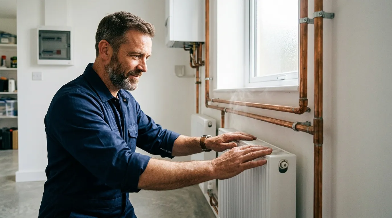 Plombier vérifie un radiateur de chauffage domestique