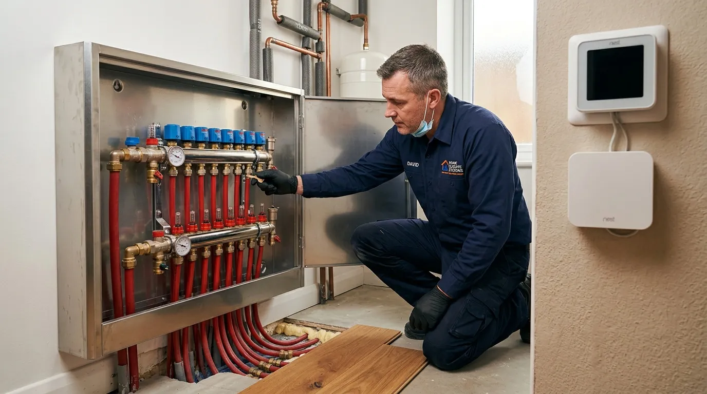 Plombier en uniforme vérifie un collecteur de chauffage radiant