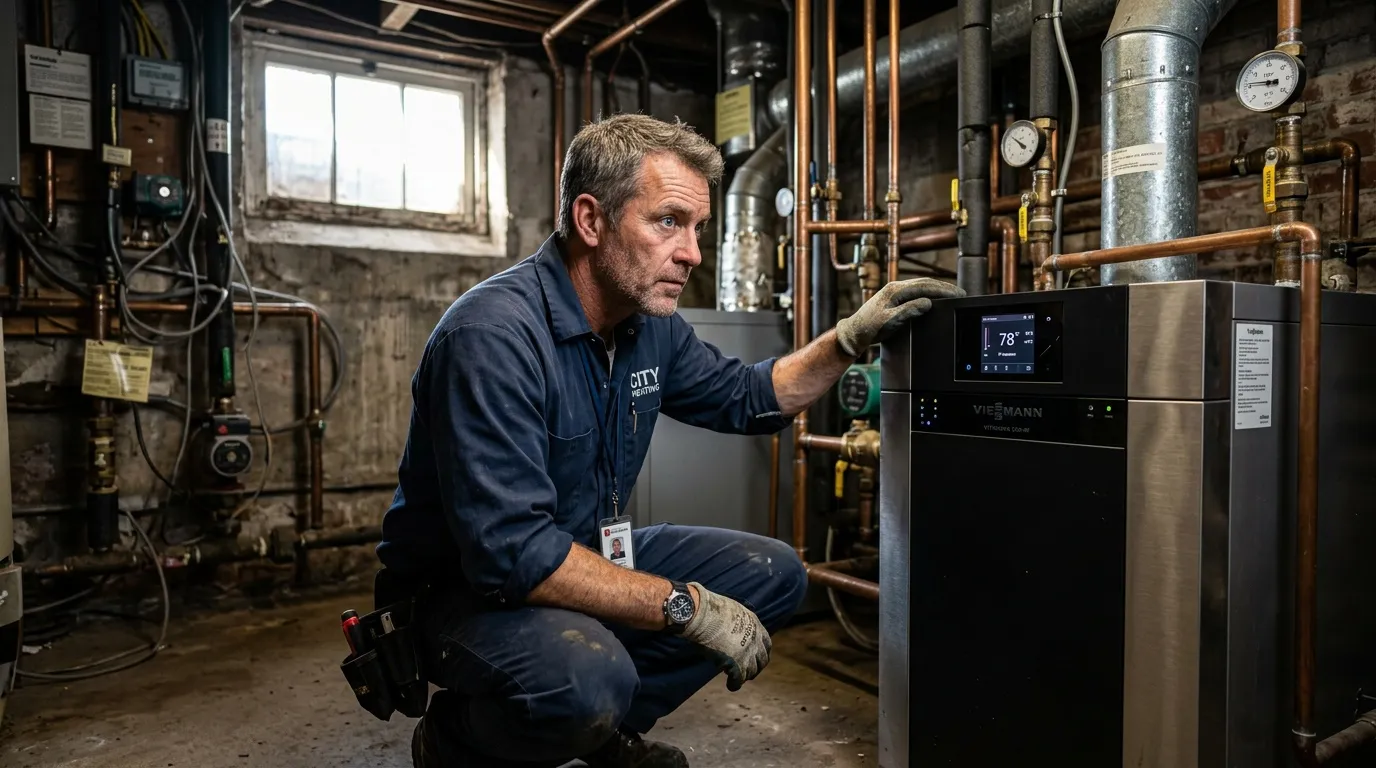 Technicien en bleu inspectant une chaudière Viessmann dans une chaufferie