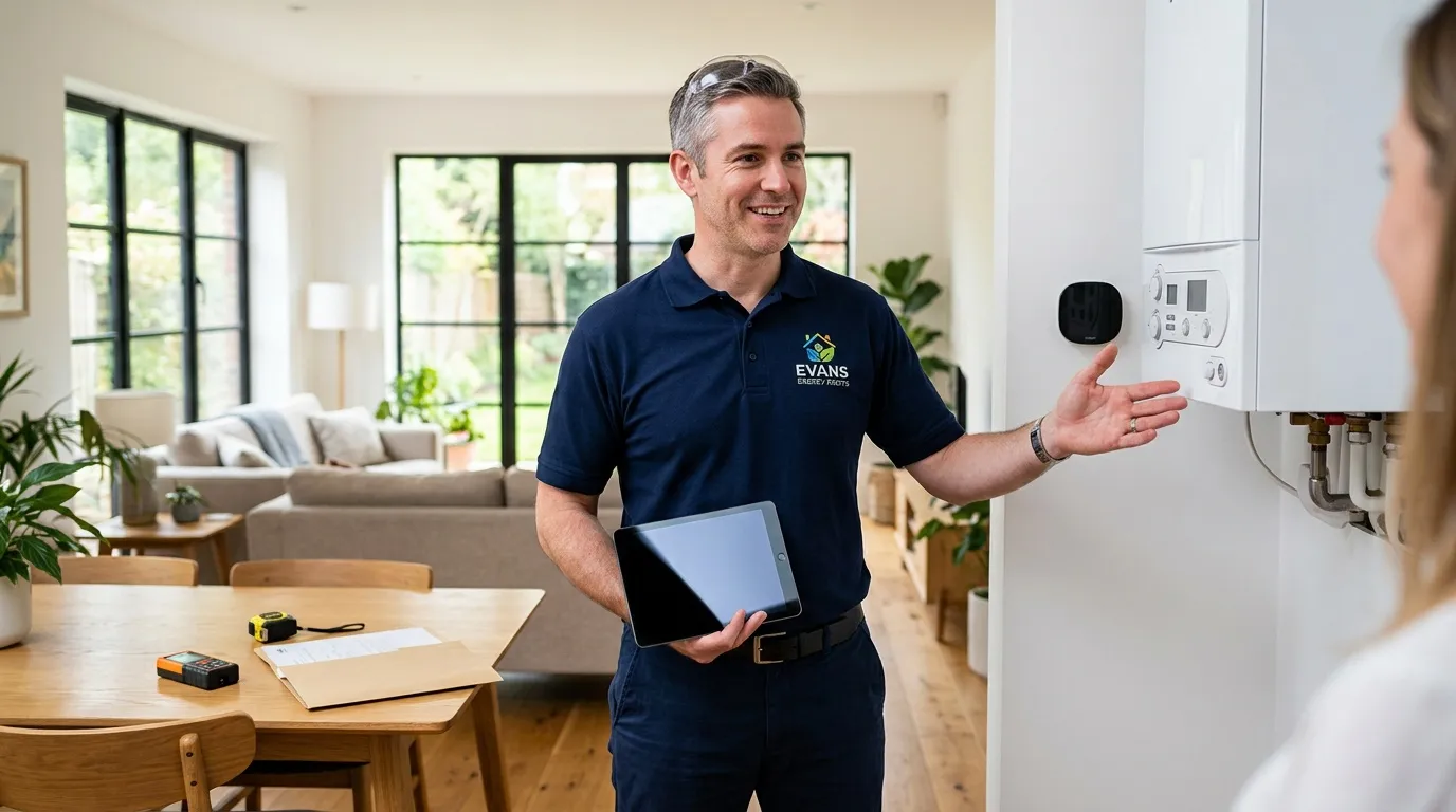 Technicien Evans explique thermostat connecté à cliente
