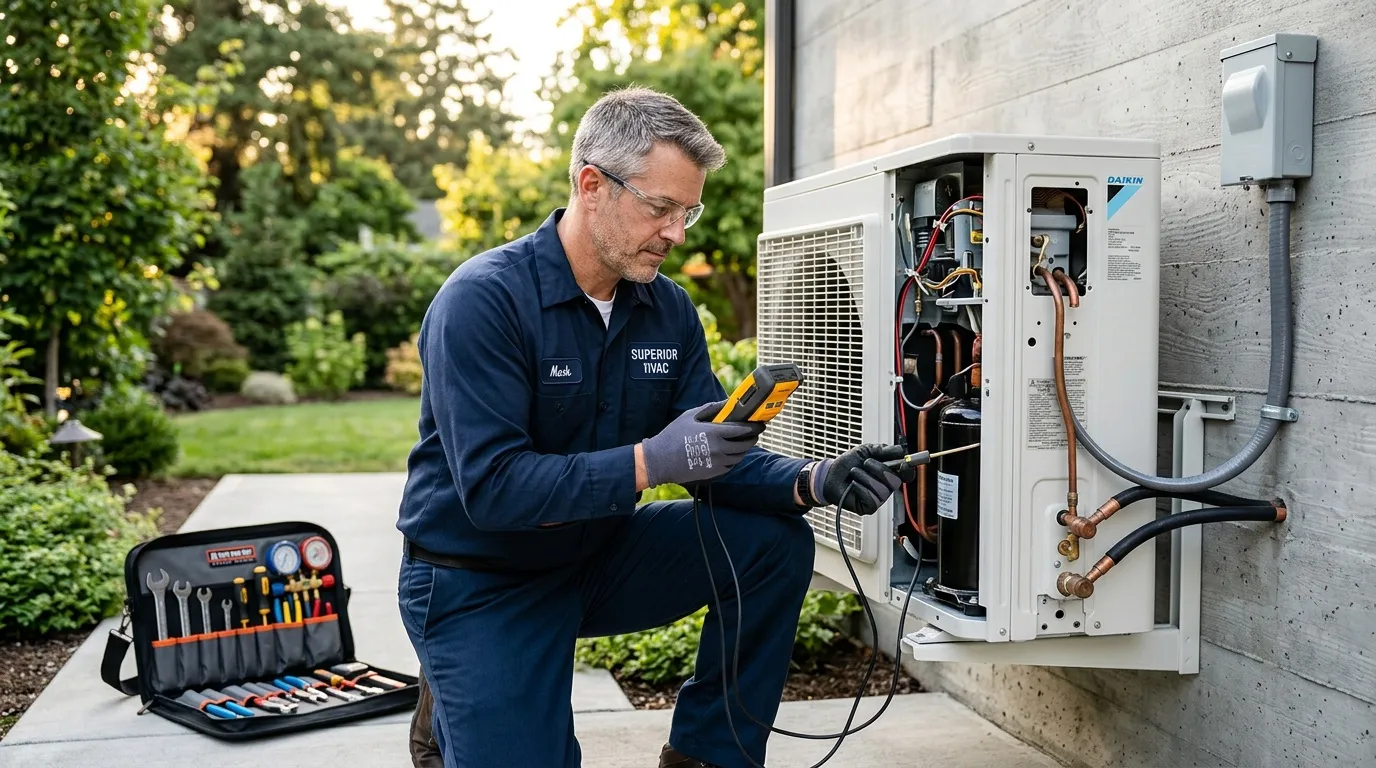 Technicien HVAC inspectant unité climatisation avec testeur électrique