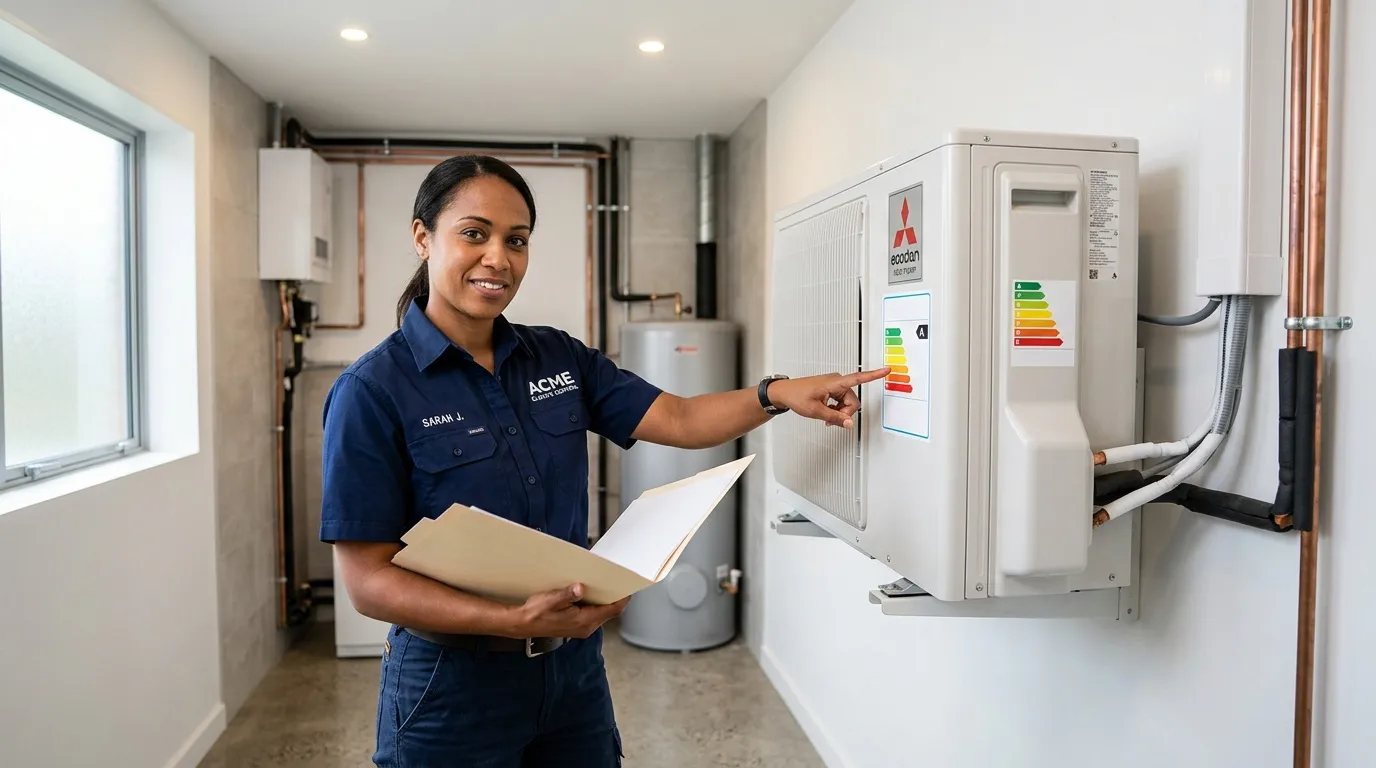 Femme technicienne en uniforme pointant vers panneau énergie