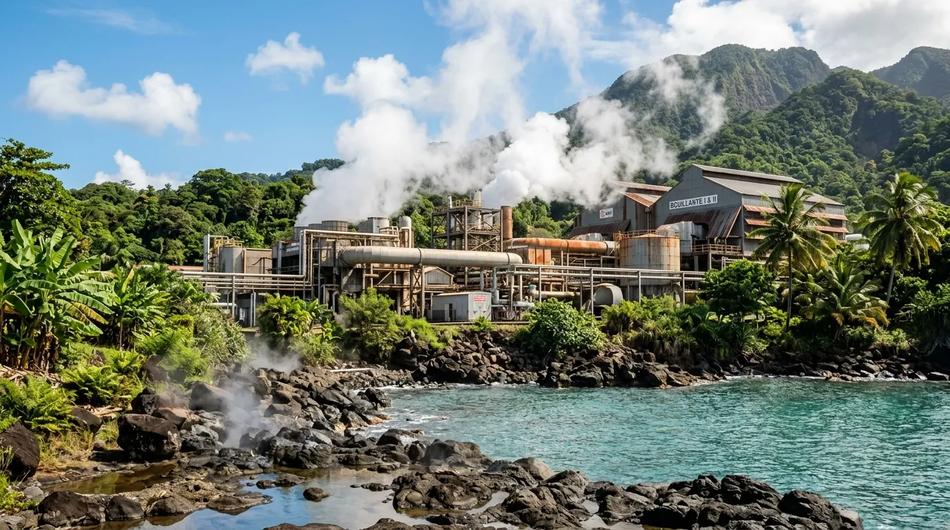 Installation industrielle avec vapeur près lagon turquoise montagne